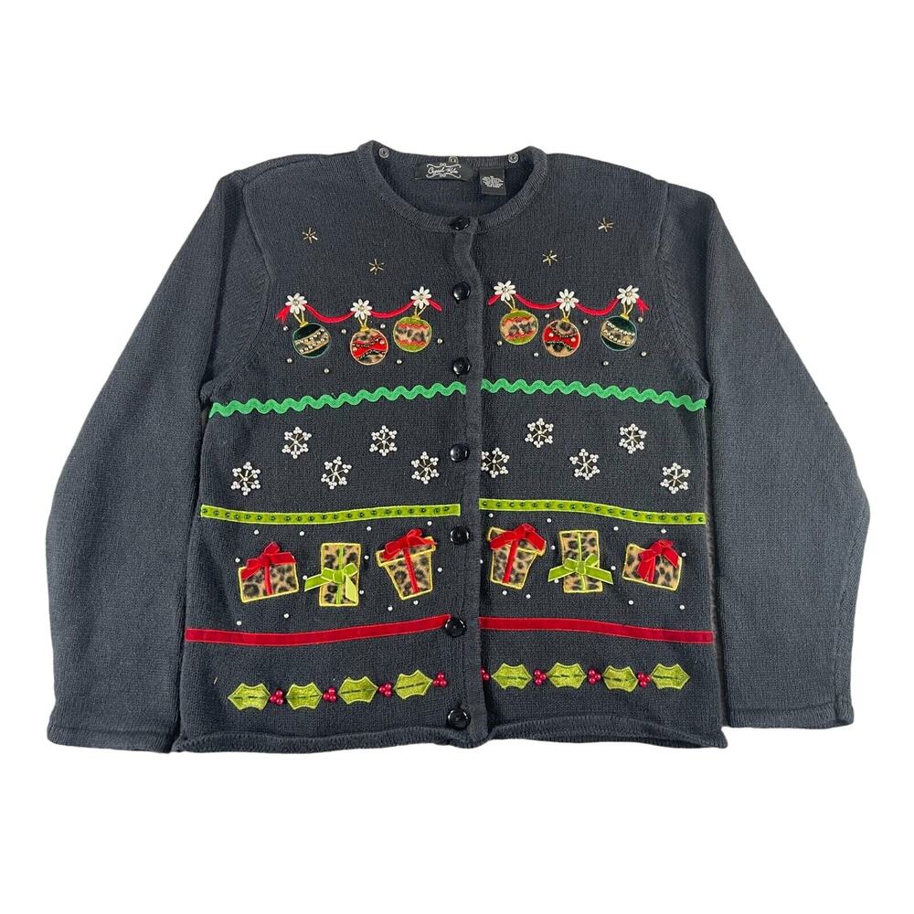 Crystal Kobe Sweater Womens Medium Christmas Black Vintage Cardigan Button Ugly